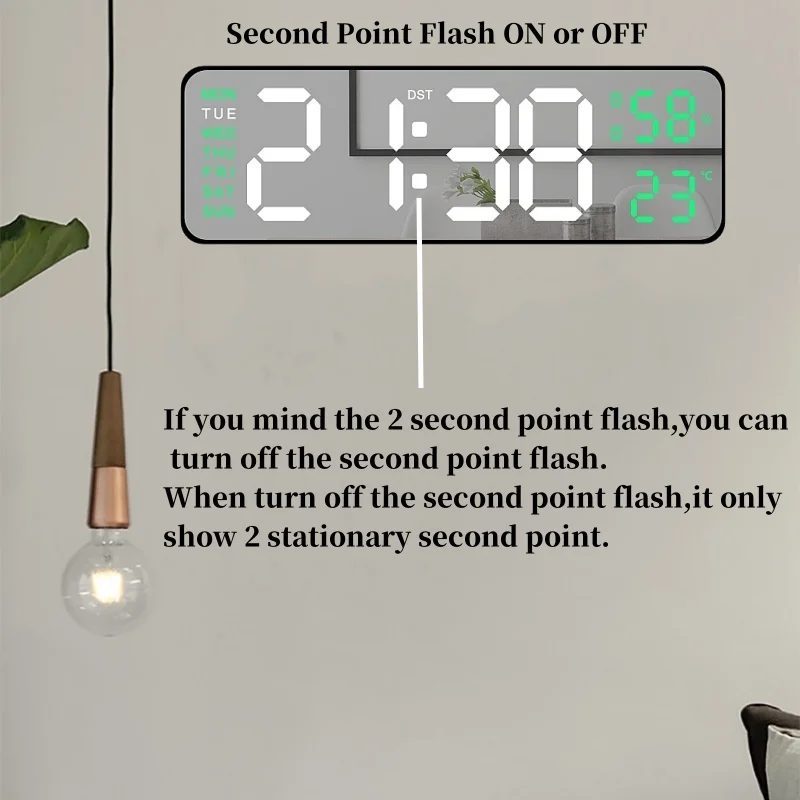9-Zoll-große digitale Wanduhr, USB-betrieben, TEMP, Luftfeuchtigkeit, Woche, automatischer Dimmer, DST-Tischuhr, 12/24 Stunden, elektronischer LED-Wecker – Detail 5