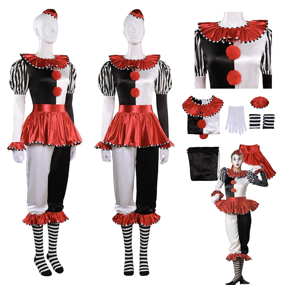 

Adult Women Clown Cosplay Costume Top Skirt Hat Pants Fantasia Roleplay Outfits Female Halloween Carnival Party Disguise Clothes