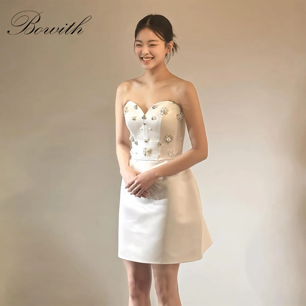 

Роскошные корейские короткие вечерние платья Bowith с бисером и жемчугом, мини-свадебные платья без бретелек в форме сердца на заказ