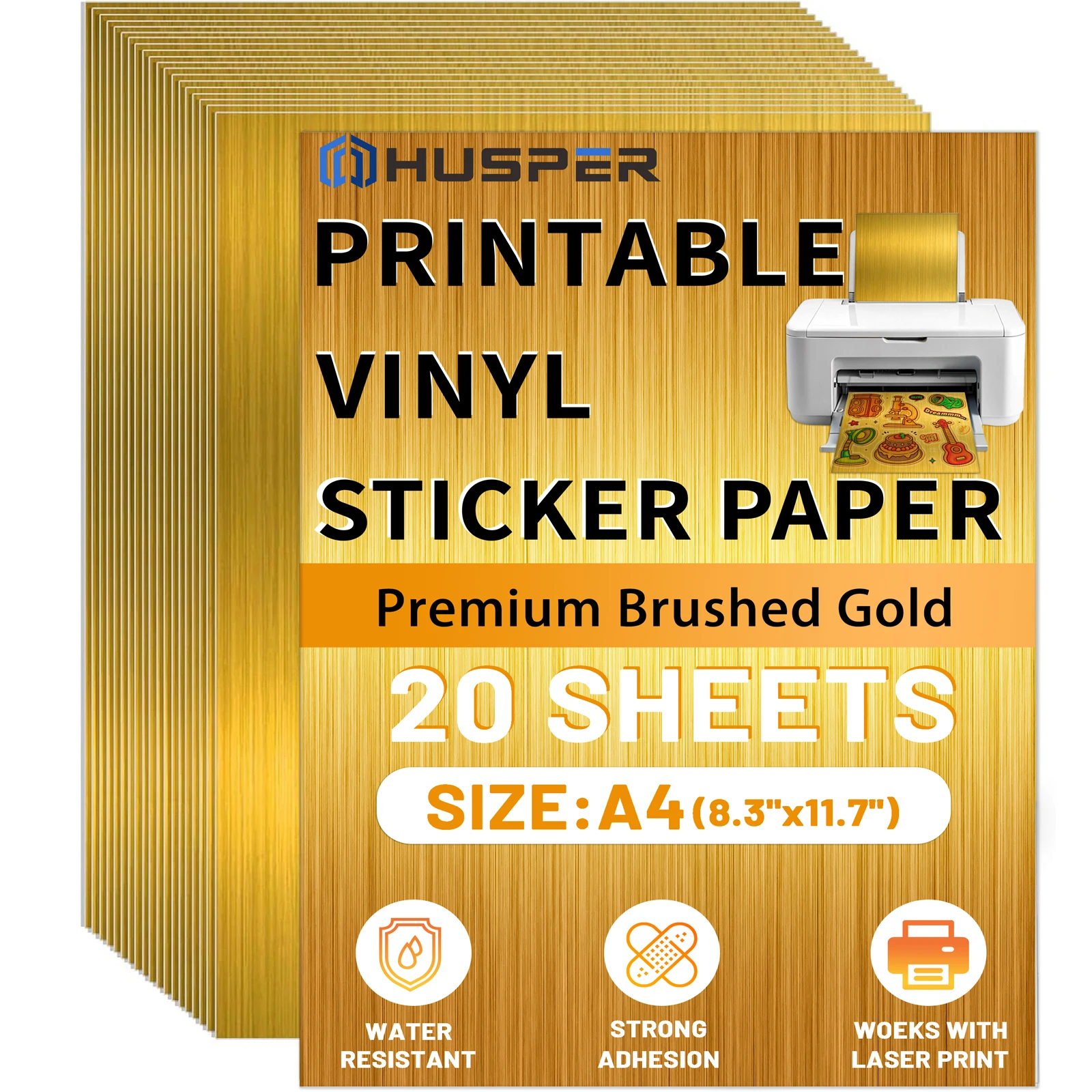 20 Sheets A4 Size Printable Vinyl Sticker Paper Self-adhesive Metallic Brushed Gold DIY Label for Laser Printer Waterproof