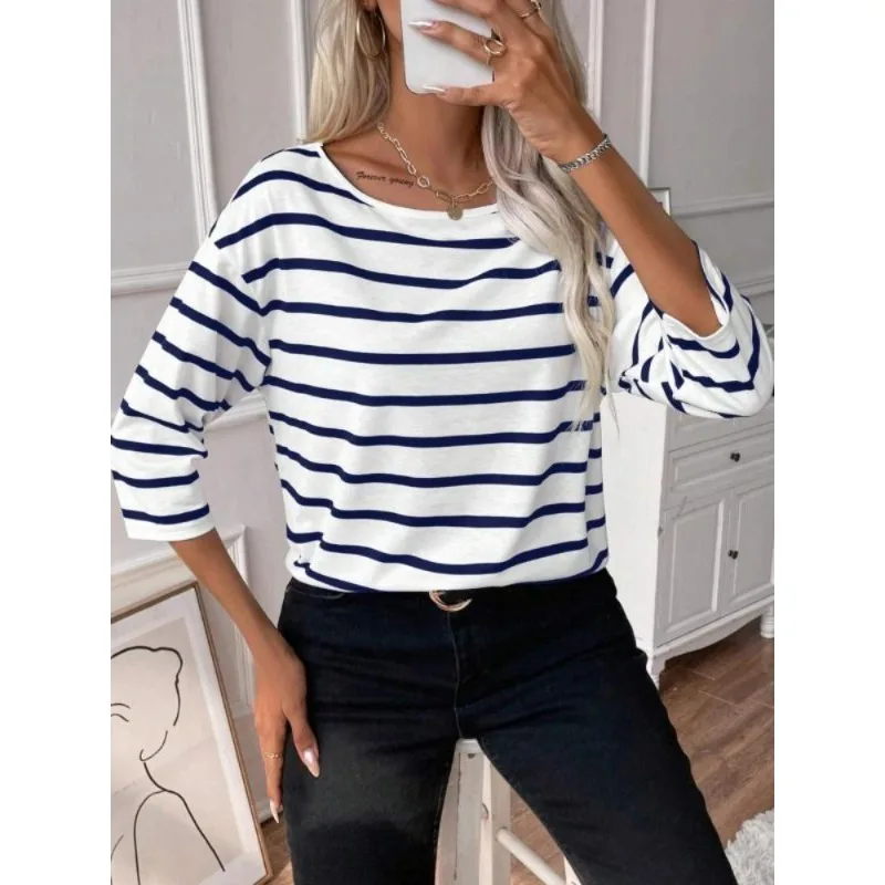 

Плюс размер 1XL-5XL новые женские футболки повседневные с длинным рукавом в полоску с круглым вырезом свободные модные женские топы