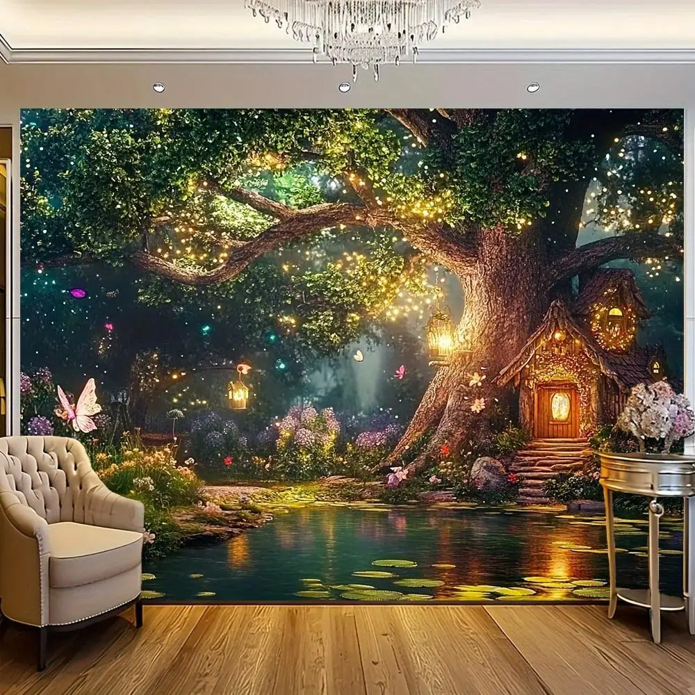 1pc Large Fairy Forest Wall Tapestry - Magical Glowing & Glowing Fairy Cottage, Lush Green Trees, Glowing Fairy - Easy Hang Past