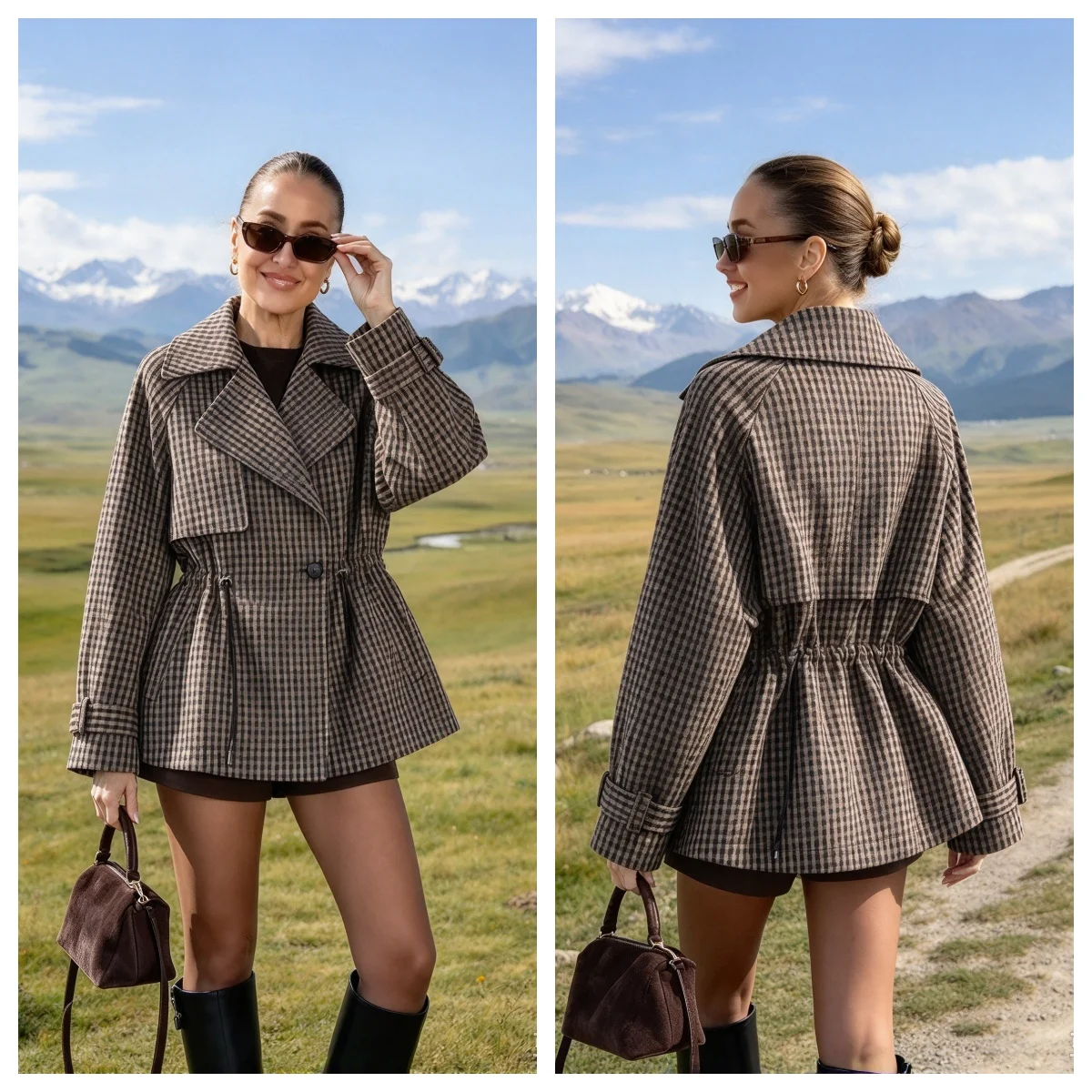 Guobioziy Women's Jacket 2026 Spring and Autumn New Fashionable Versatile Retro Plaid Double-Breasted Trench Coat