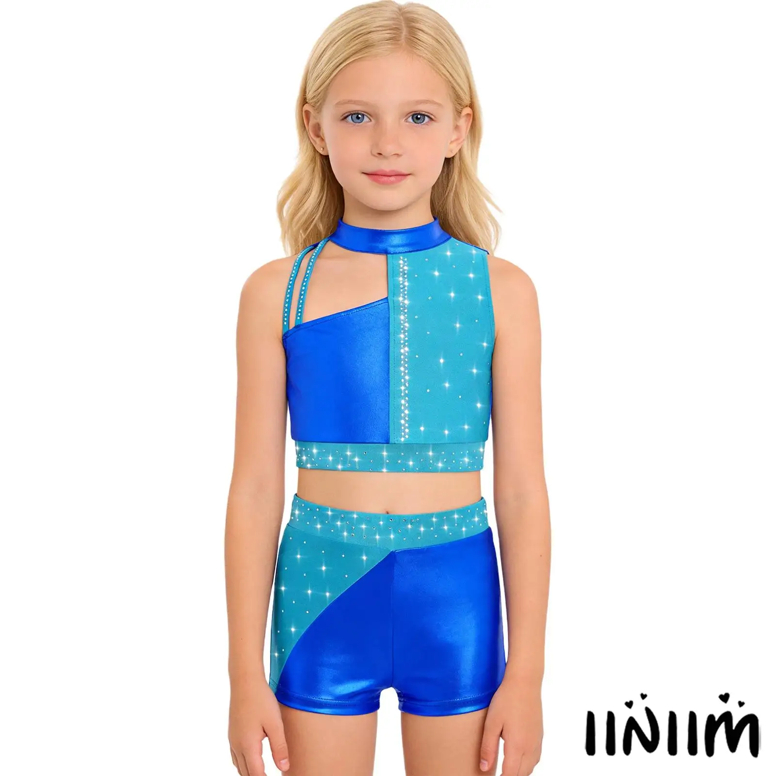 

Kids Girls Jazz Belly Gymnastics Dance Outfit Mock Neck Sleeveless Shiny Rhinestones Metallic Color Block Crop Top with Shorts