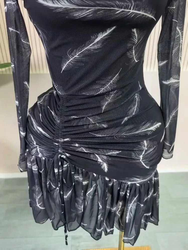 فستان نسائي قصير جديد لعام 2026 بأكمام كاملة مطبوع وكشكشة مكدسة فستان قصير للخريف والسهرات وحفلات أعياد الميلاد والعطلات فساتين مثيرة #5