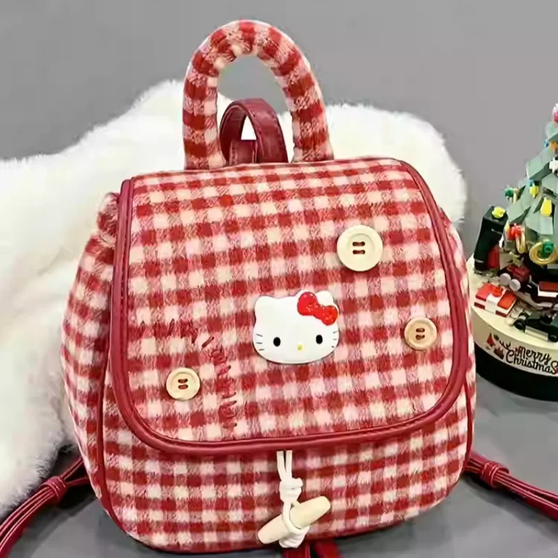 Hellokitty Bag Kt Cat Retro Cute Plaid Twin Shoulder Small Backpack Female Student Commuting Christmas Gift Birthday Gift In Sto