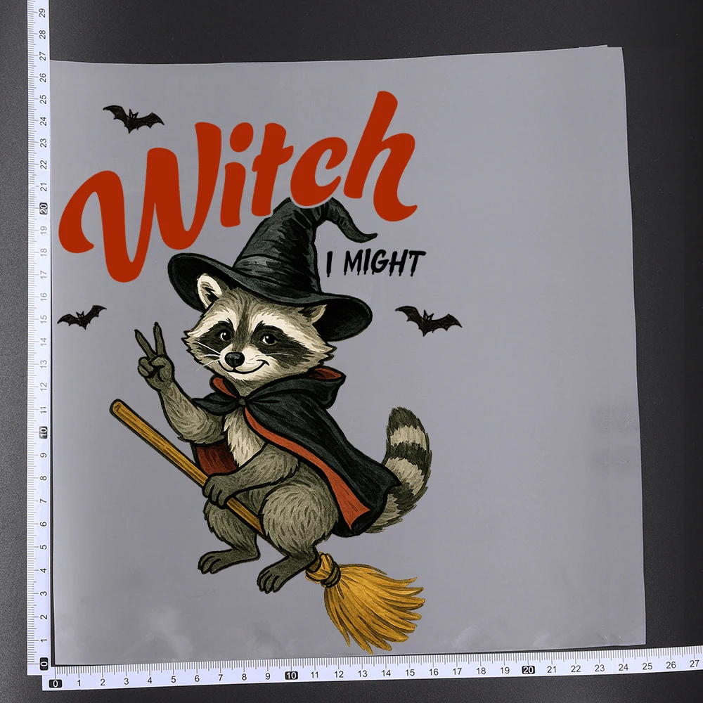25CM Fun Halloween Sarcastic Raccoon Witch Heat Transfer Patches For Clothes DIY A-Level Washable Shirt Iron-on Thermal Sticker