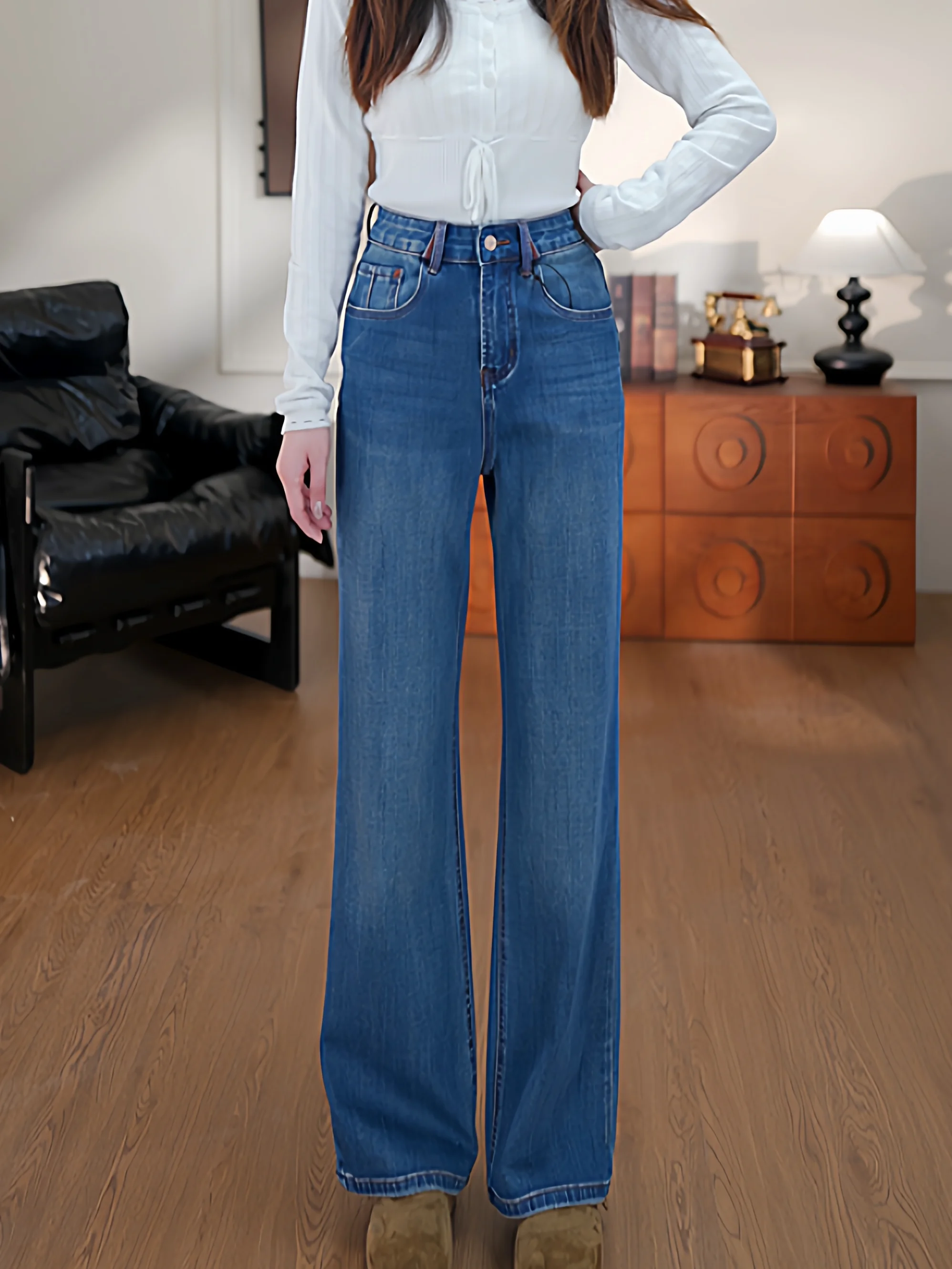 

High Waist Wide Leg Denim Jeans Women's Spring New Straight Leg Flared Pants Supermodel Pants Cotton Elastic Soft Fabric