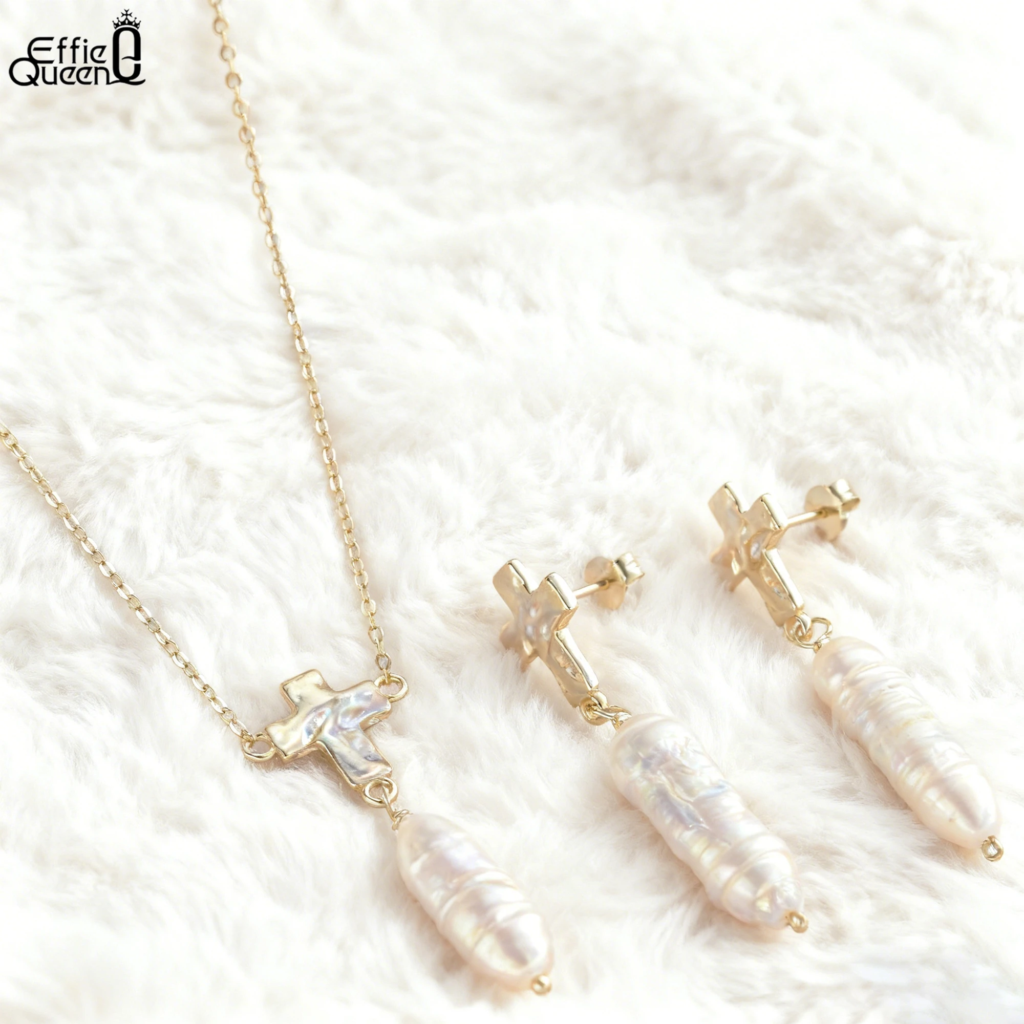 

EFFIE QUEEN 100% 925 Sterling Silver 14k Gold Threaded Pearl Cross Pendant Necklace Ideal Jewelry for Women Banquet Party GPN77