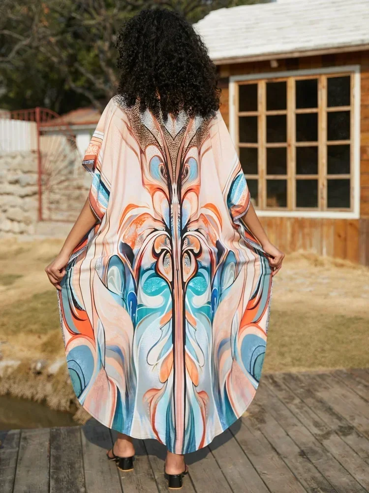 Sexy V-neck Batwing Sleeve Kaftan Moo Moo Dress For Women Summer 2024 Bohemian Long Dress Butterfly Printed Beach Robe Q1635