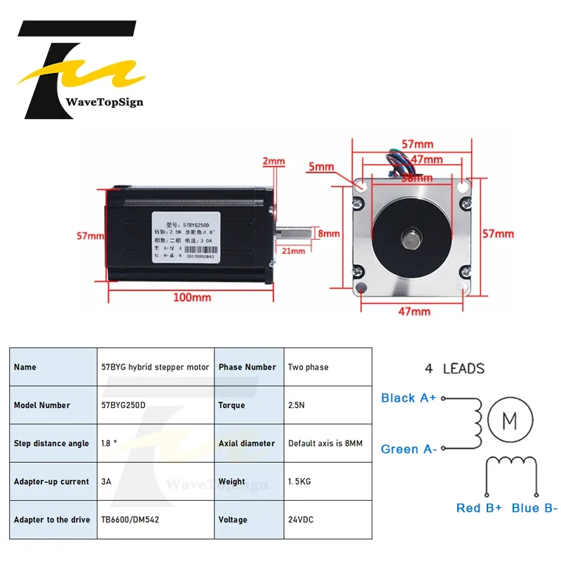 Boding 57 Stepper Motor 2.5NM High Torque 57BYG250D 100MM Length with DM542 4.2A 20-50VDC Driver for CNC Machine Tools