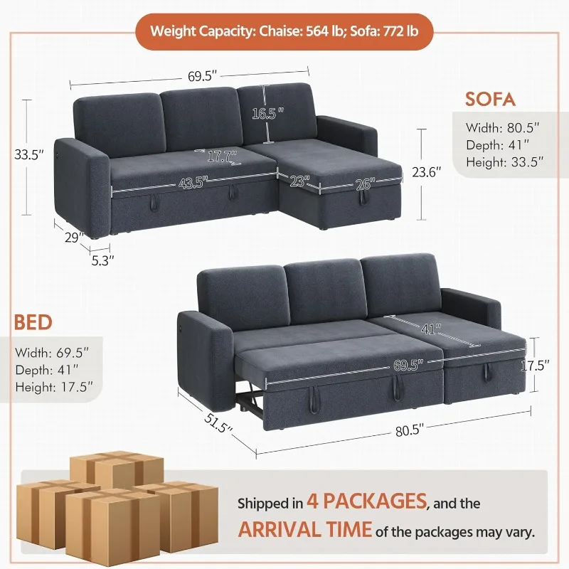 L-Shaped Sofa Couch Bed w/Chaise & USB, Reversible Couch Sleeper w/Pull Out Bed & Storage Space, 4-seat Fabric