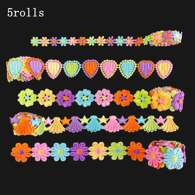 5Rolls Flower Lace Materials Fabric Cotton Trim Heart Daisy Crochet Ribbon 5Yards For Sewing Embroidery Pink Green 1Yards/Rolls