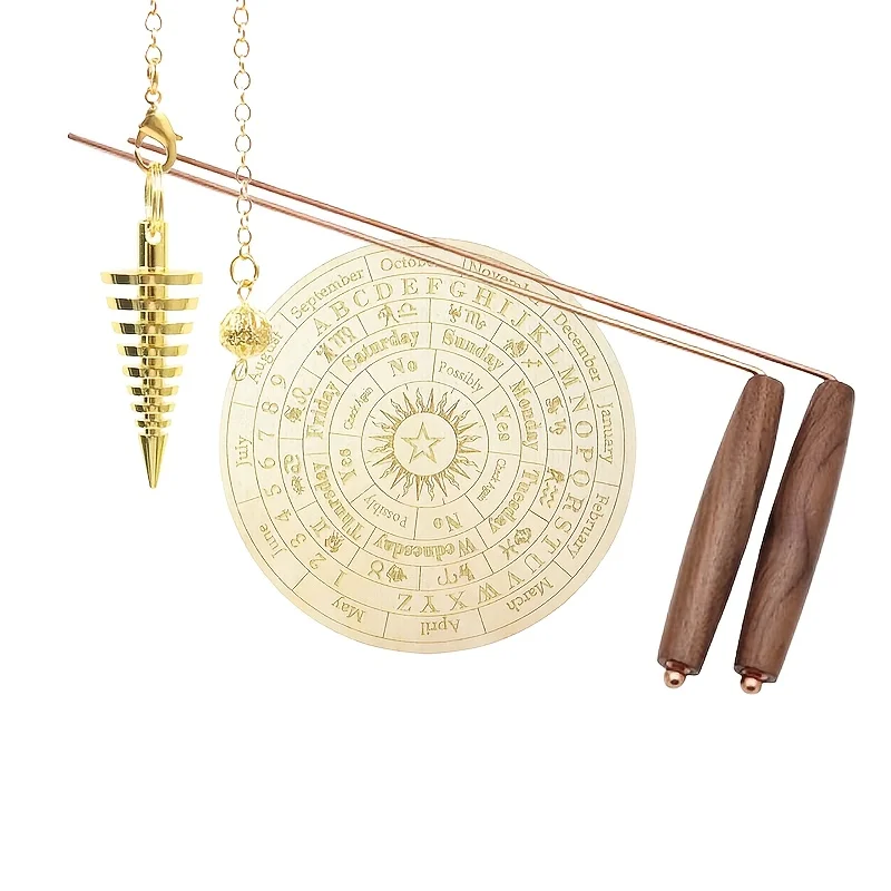 Copper Dowsing Rods Kit - Natural Walnut Wooden Handles Divining Rods with 1 Pendulos & 1 Divination Mat Outdoor Detection Tool