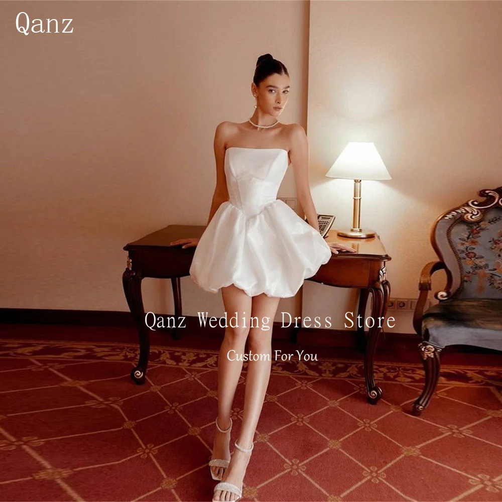 Qanz White Satin Mini Wedding Dresses Bride Strapless Short A Line Puffy Bridal Gowns Open Back Vestidos De Novia Customized