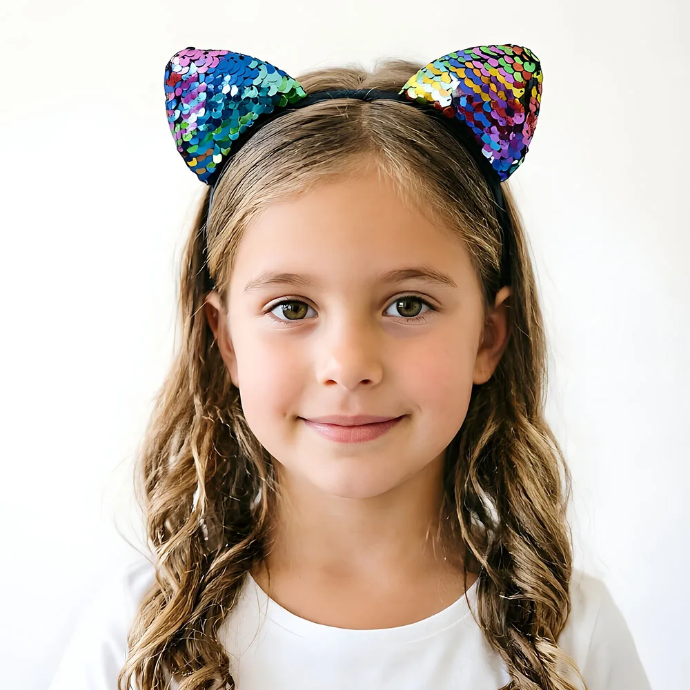 

Модный блестящий флип с блестками, кошачьи ушки, повязка для волос для девочек, обруч для волос, детские и женские ленты для волос, праздничный головной убор, подарки