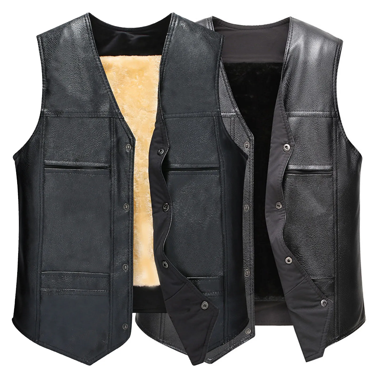 Motorcycle Vest for Men's V Neck Sleeveless Faux Leather Jacket Windproof Extra Warm Waistcoat Coat