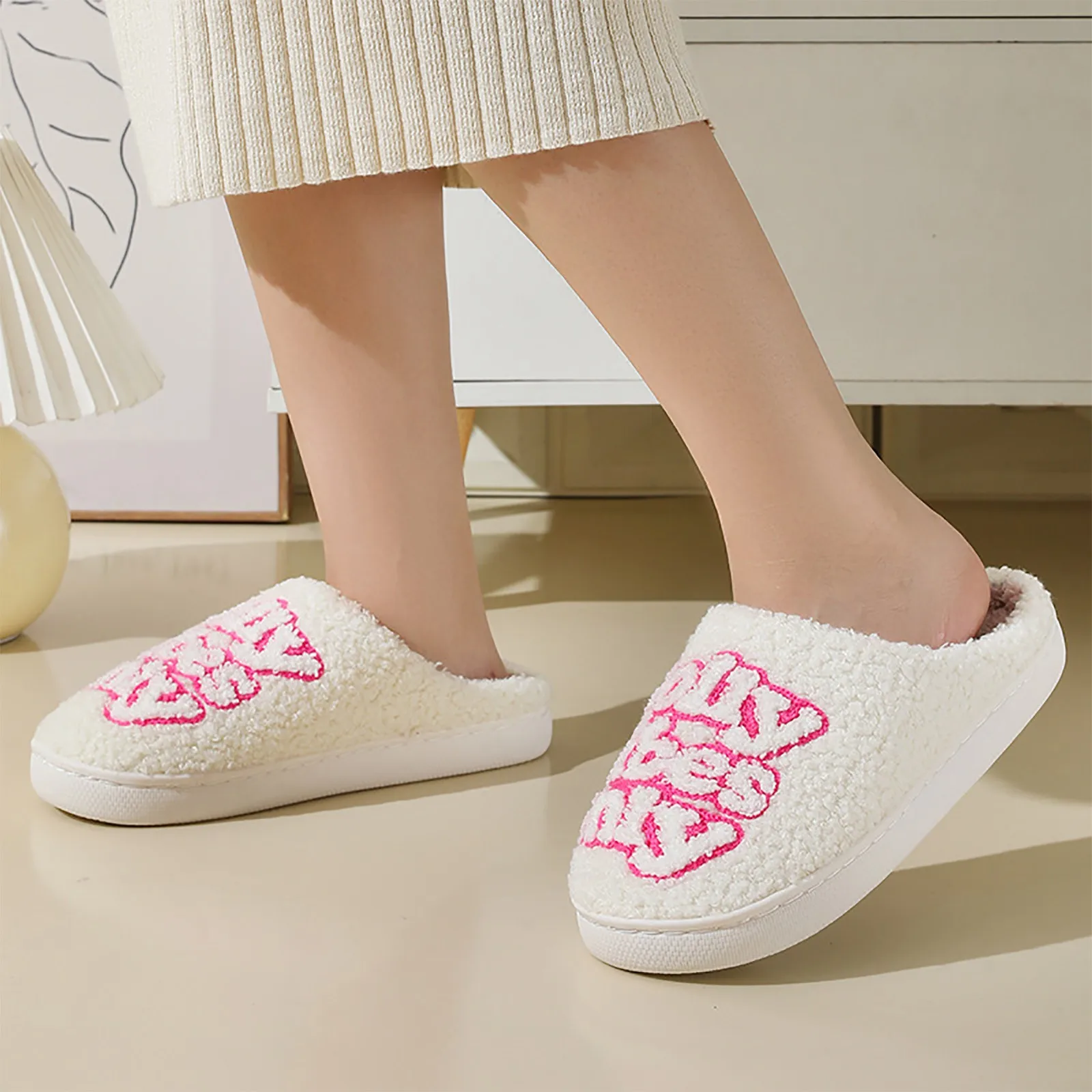 Monogram Pattern Embroidery stuffed Home Thick Sole plaid Furry Cotton Slippers Cute Warm Non-slip Indoor Slippers Gift