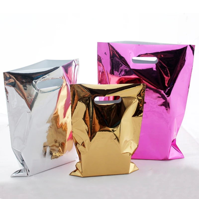 Plastic Gift Bag,Plastic Glossy Gift Bag,Shopping Mall Grocery Clothes Packaging Rose Gold Silver Foil Bags 50pcs/lot