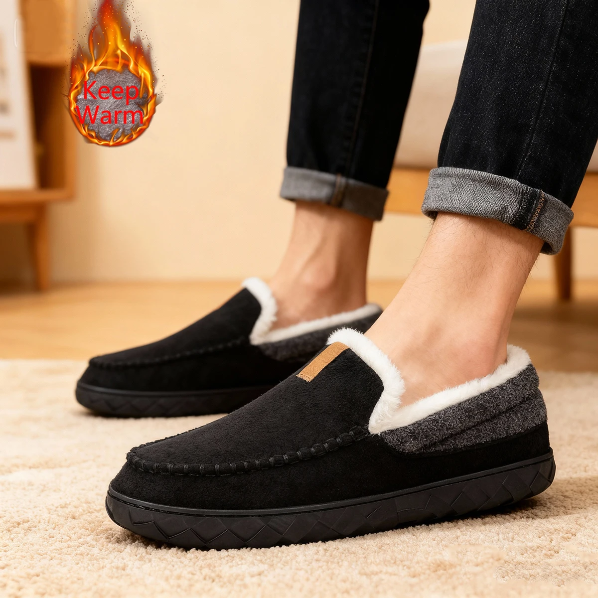 

Men's Slippers Home Sewing Plush Memory Foam Warm House Shoes Male Luxury Suede Soft Non-Slip Winter Slippers For Indoor/Outdoor