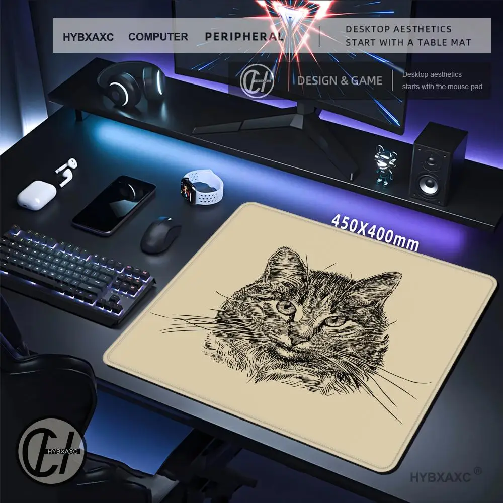 Cat Mouse Pad Kitten Gaming Mousepad Cute Beige Hand Drawn Sketch Line Art Drawing Thick Computer Keyboard Small Desk Mat