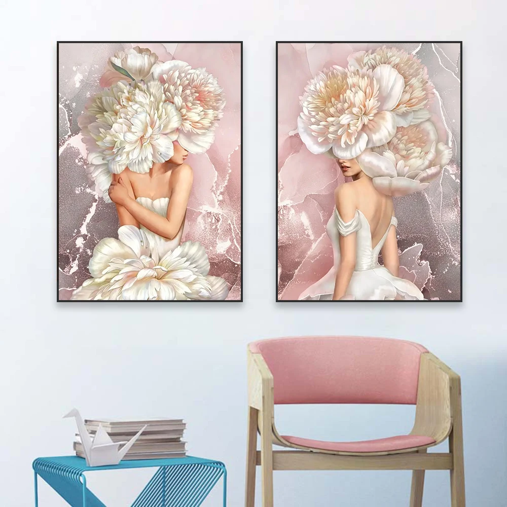 Abstract Golden Flower Poster Beige Flower Head Pink Prints Blooming Floral Woman Canvas Painting Home Bedroom Wall Art Decor