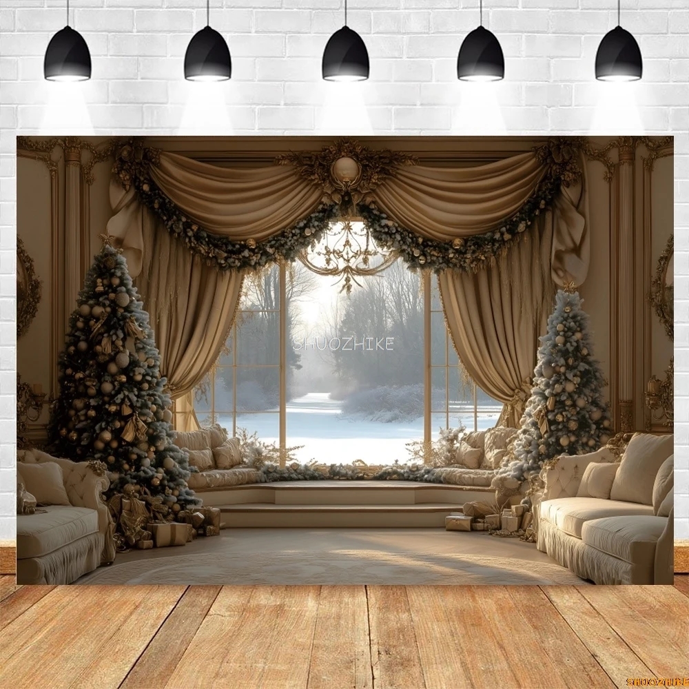 عيد الميلاد نافذة كبيرة خلفية شجرة عيد الميلاد الستار غرفة المعيشة الاطفال صورة الأسرة حفلة التصوير خلفية جدار ديكور الدعائم