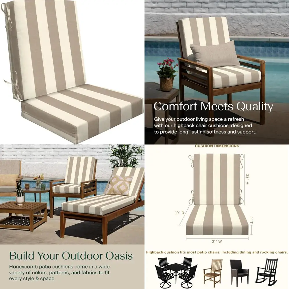 

"21" x "42" outdoor high back cabana stripe tan cushion for patio chairs