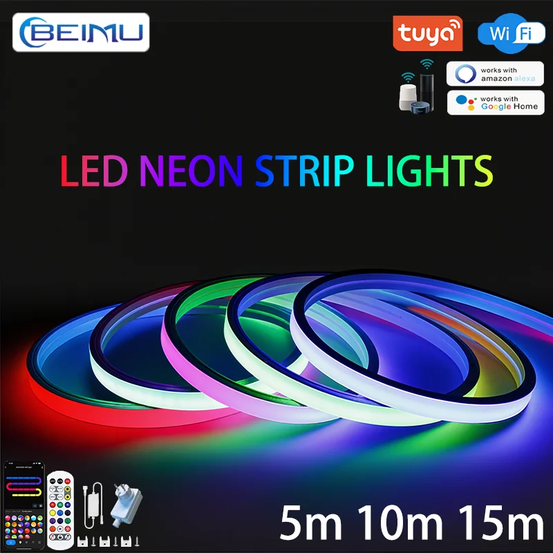 

BEIMU TUYA WIFI Flexible LED Neon Rope Lights RGBIC Waterproof Music Sync With Voice Control Support Smart Life For Home Decor