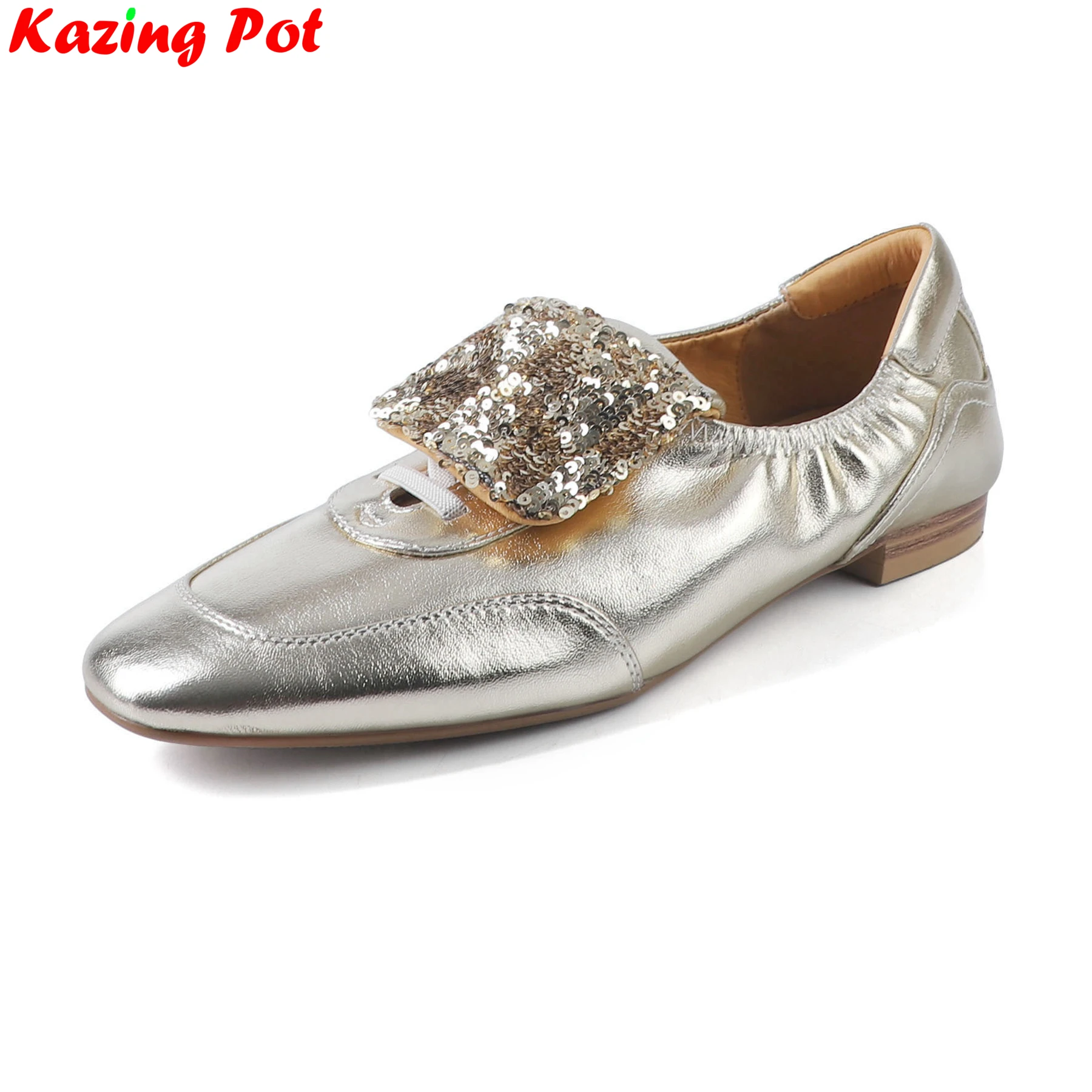 

Krazing Pot Sequined Cow Leather Round Toe Elegant Spring Autumn Shoes Chunky Low Heels Dating Casual Brand Fashion Women Pumps