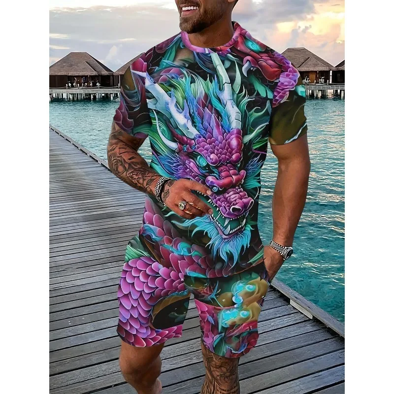 

2025 Summer Fashion Trend Men's Casual T-shirt Shorts Polyester Fiber Set Street Outdoor Fun 3D Pattern Printing