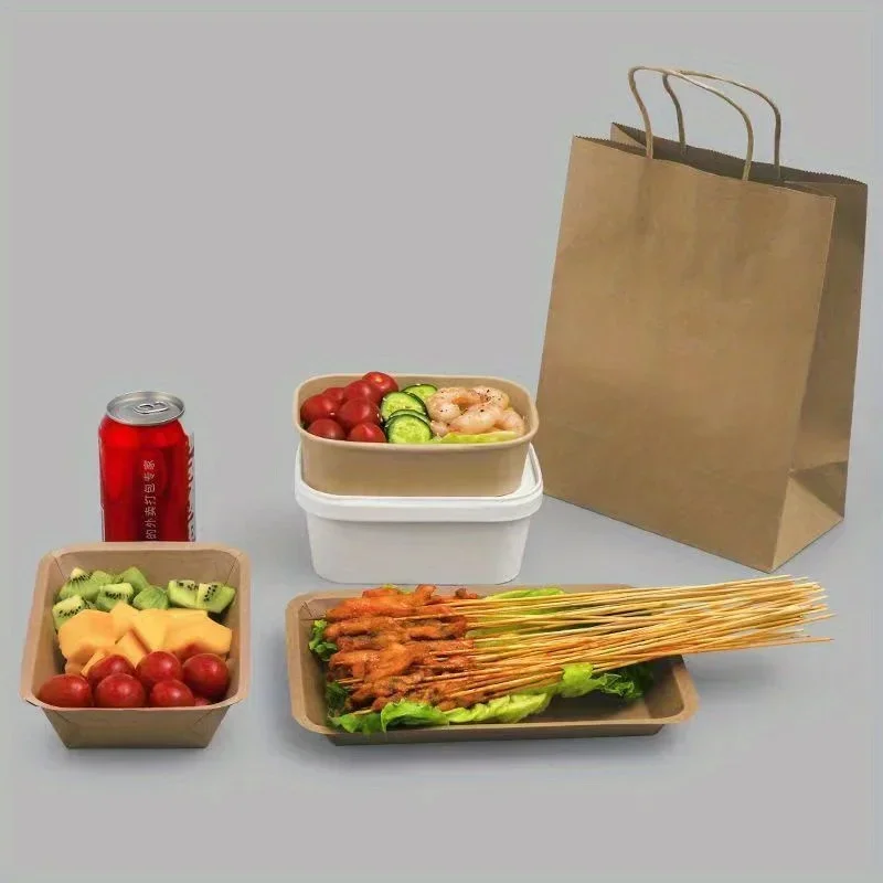 1/10Pc Rectangular Kraft  Paper Box Disposable Paper Lunch Takeout Packaging Box Bento Bowl Going Out Disposable Food Containers