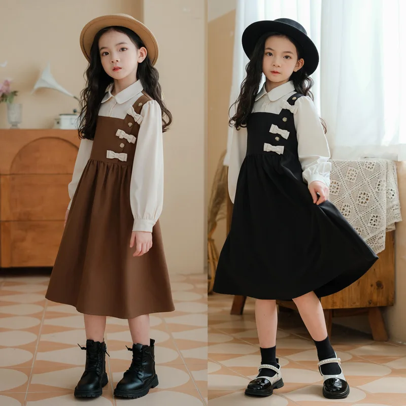 

5-16Y Autumn Winter Teenage Girls Patchwork Dresses With Belt Students Children's Bow Princess Turn-down Color-block Long Dress