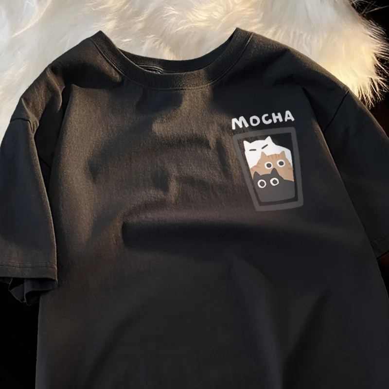 

Mocha Latte Couple Outfit Cat Coffee Couple Male T-Shirts Graphic Cool Tee Shirt High-Quality Oversized Tshirt Comfort Soft Tops