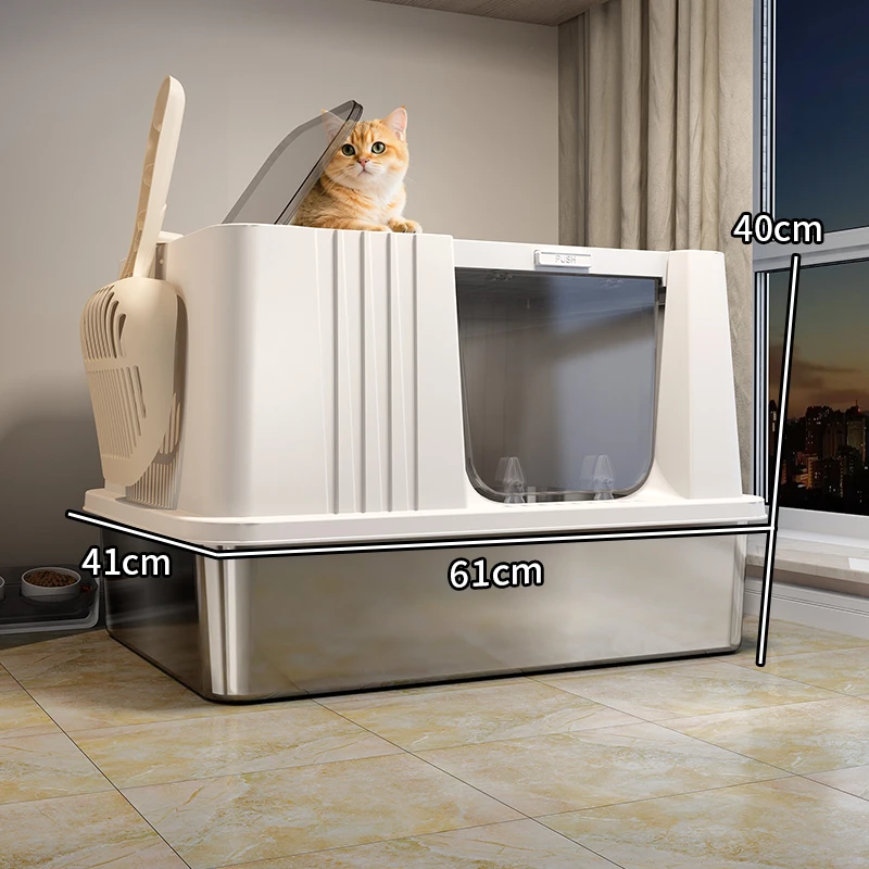 Oversized Stainless Steel Cat  Box Anti-splash Anti-belt Sand Deodorant Cat Toilet Bedpan for Kitten Adult Cat PetBathroom
