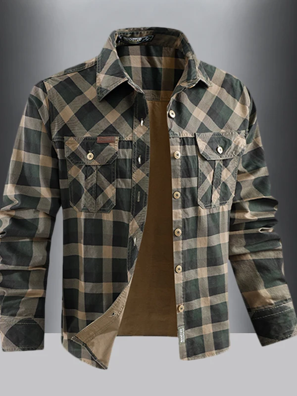 

Pure Cotton Casual Striped Plaid Long Sve Men's irt Vintage Wear Resistant Loose Double ket Open Cardigan Coat