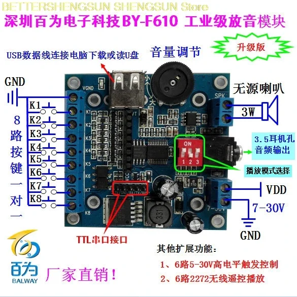 Voice module /USB recording module /12V music player / multi segment audio player BY-F610
