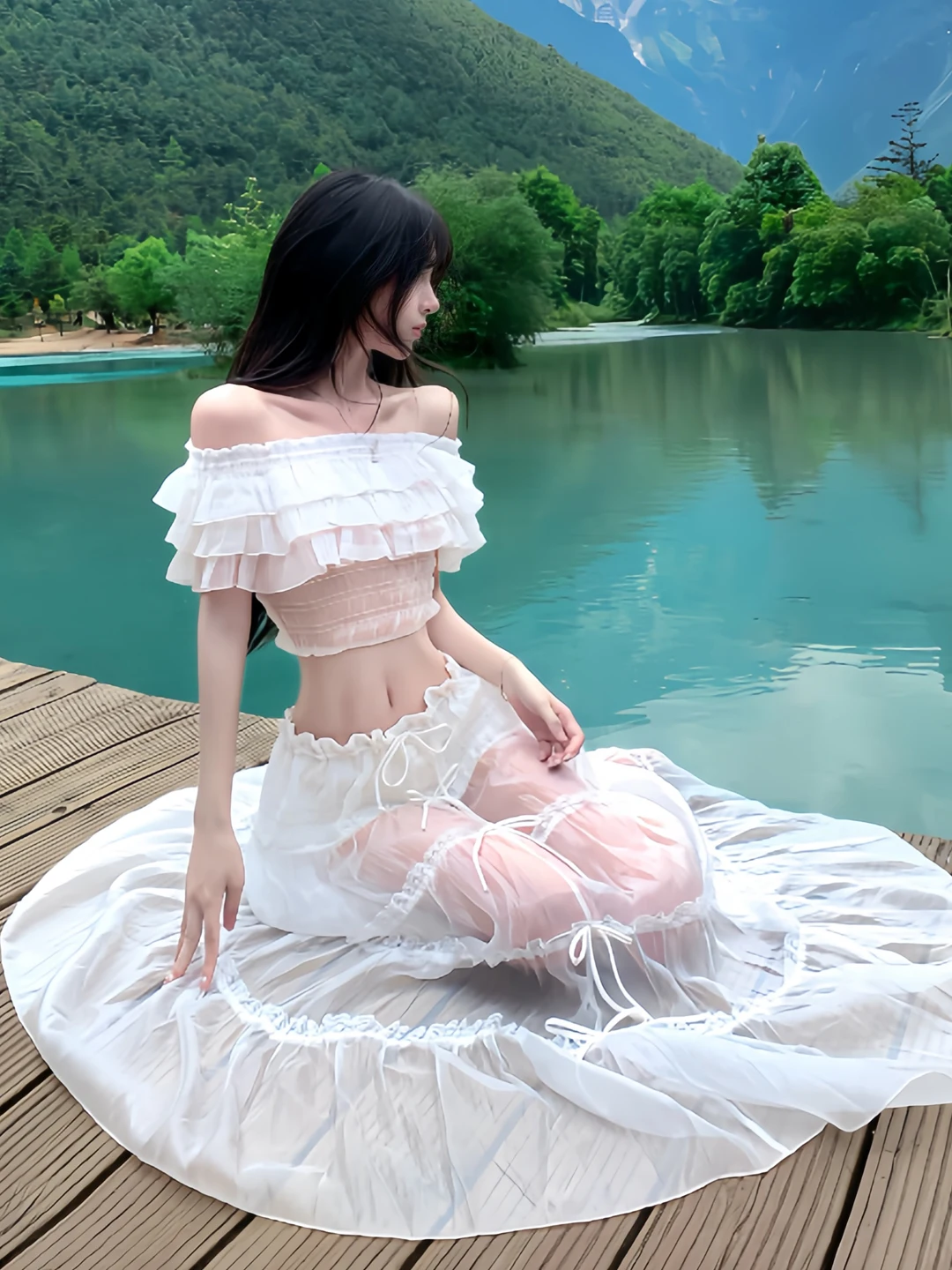 

Summer Vacation Style Pure Desire Lace Halter Neck Short Sleeve Top High Waist Half Skirt Set Women's Island Fashion Super Fa...