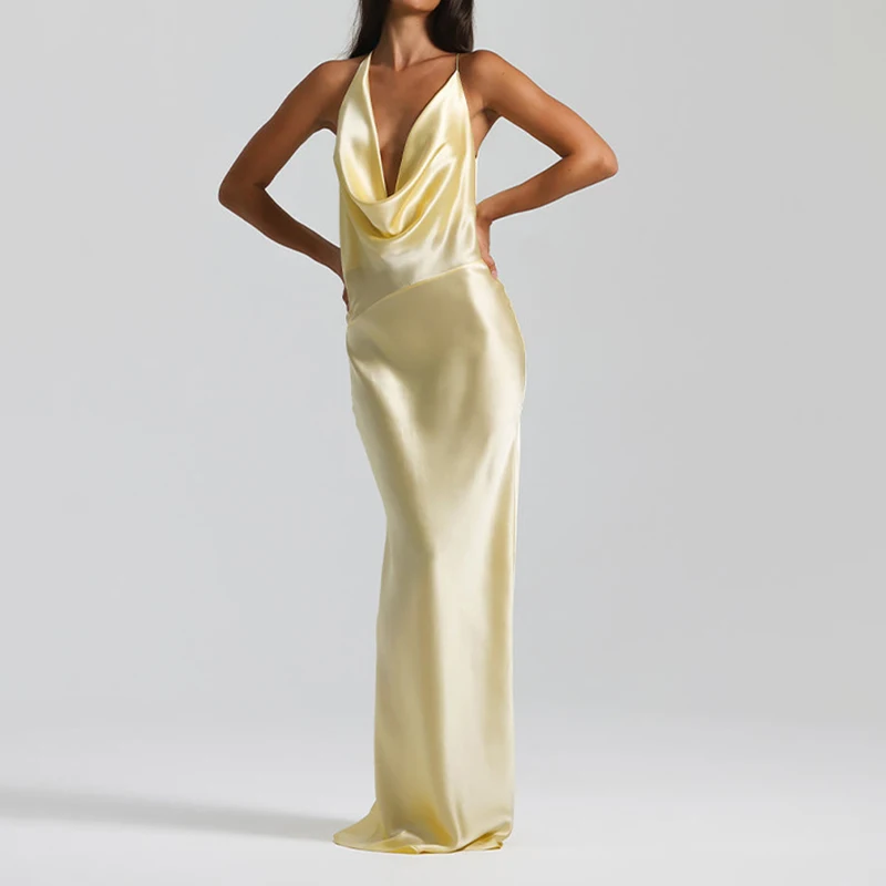 Abito da festa femminile casual senza schienale scollato Abito estivo senza maniche per invitati al matrimonio Abito da festa da donna sexy a vita alta con taglio basso