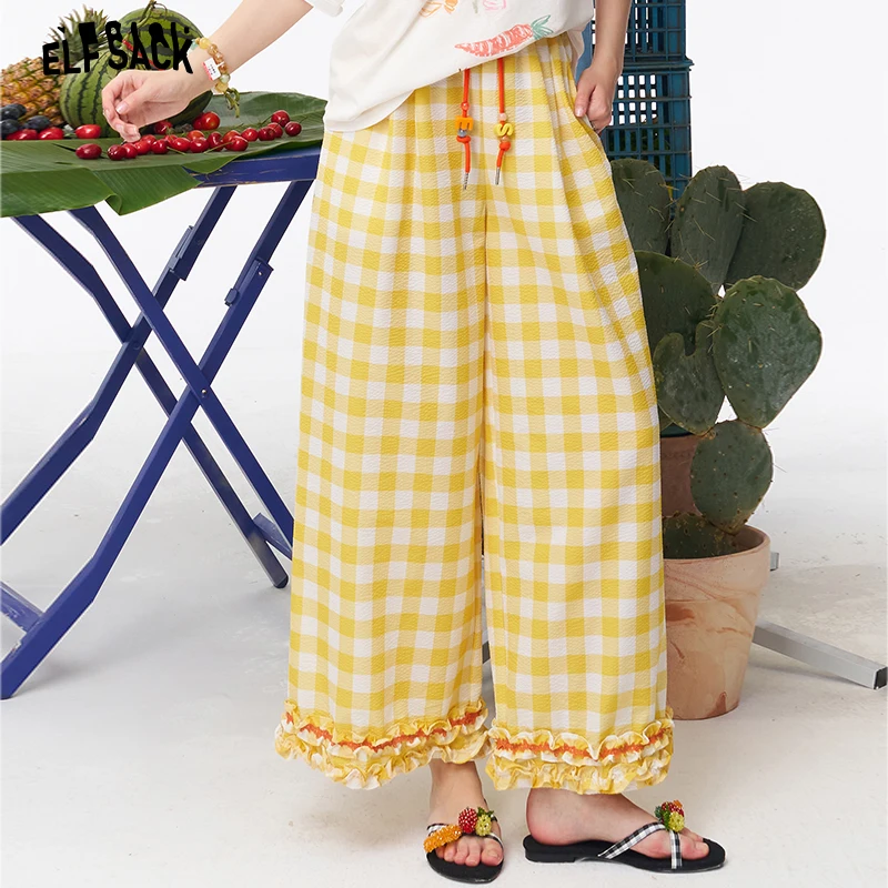 ELFSACK Women's Gingham Wide Leg Pants with Beaded Drawstring, Ruffle Cuff Elastic Waist Plaid Trousers for Daily