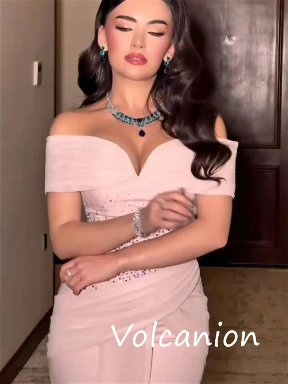 Customized Intricate Matching Jersey Sequined Pleat A-line Off-the-shoulder Long Dresses Bespoke Occasion Sexy