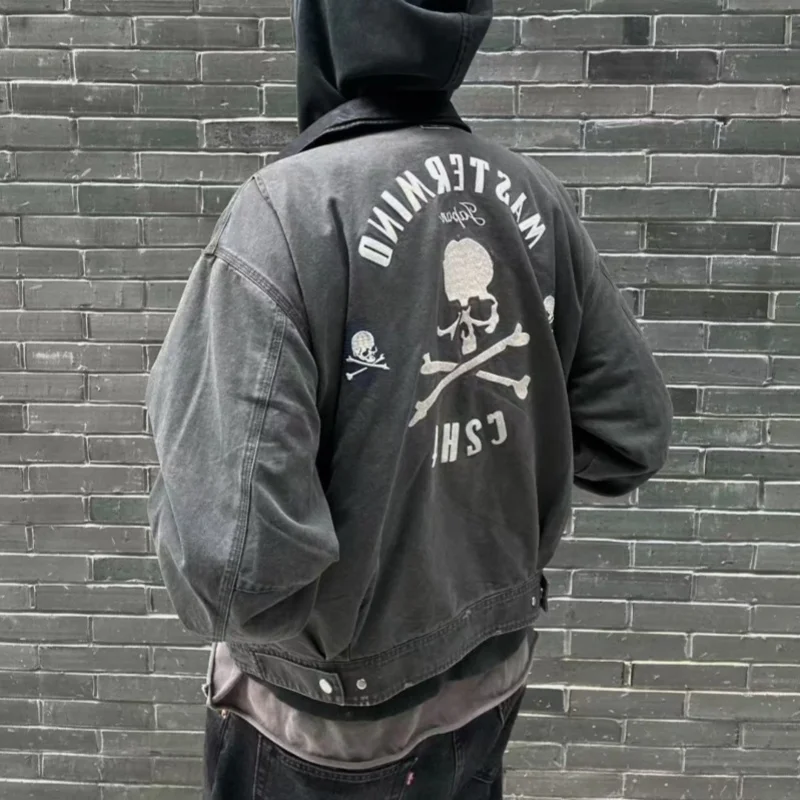

2026 Trendy MMJ Collaborative Skull Embroidery Letter Waed Outdated Couple Workwear Jaet Outerwear Casual Sle Long Sve