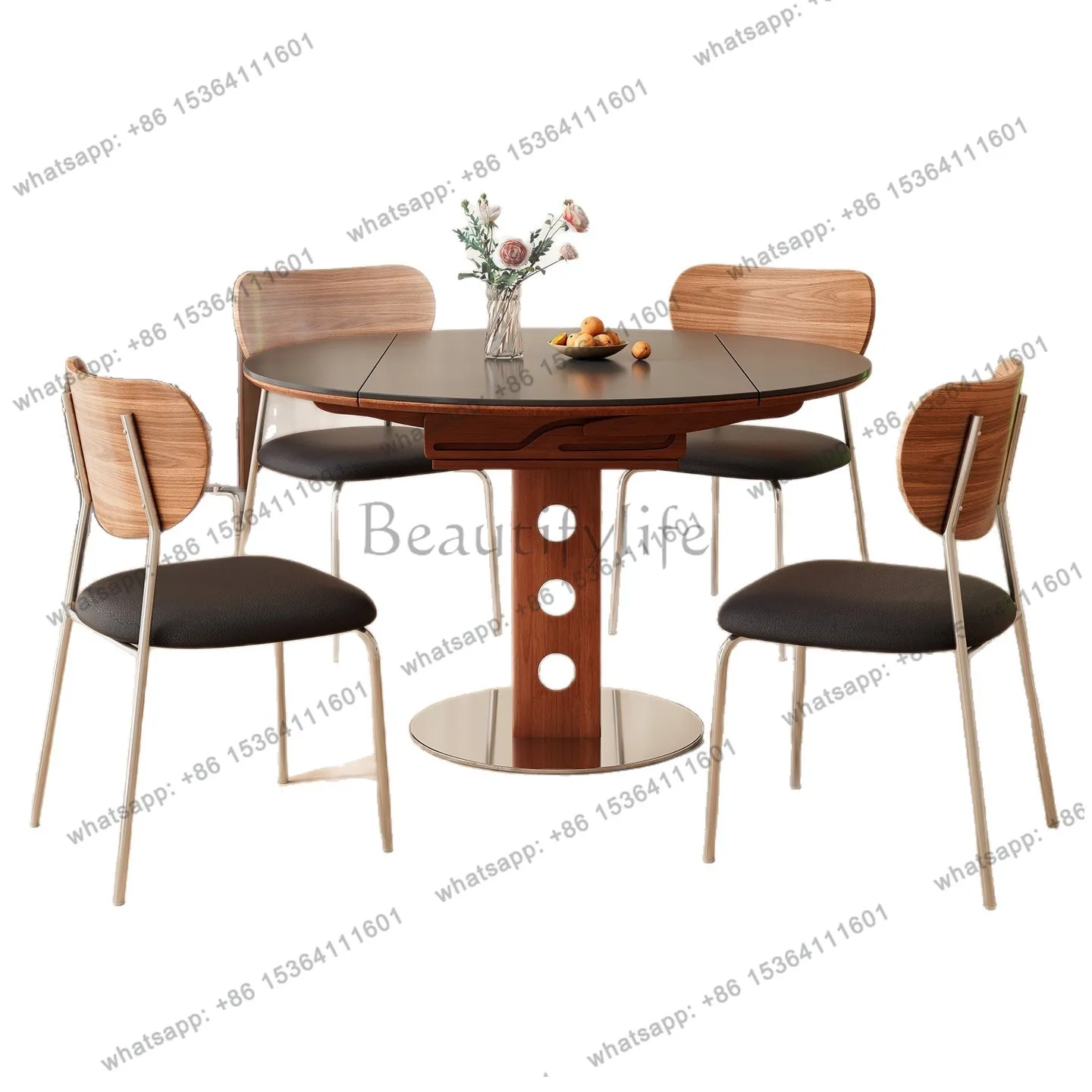 

Medieval style rock slab dining table variable round table retractable small apartment solid wood retro style