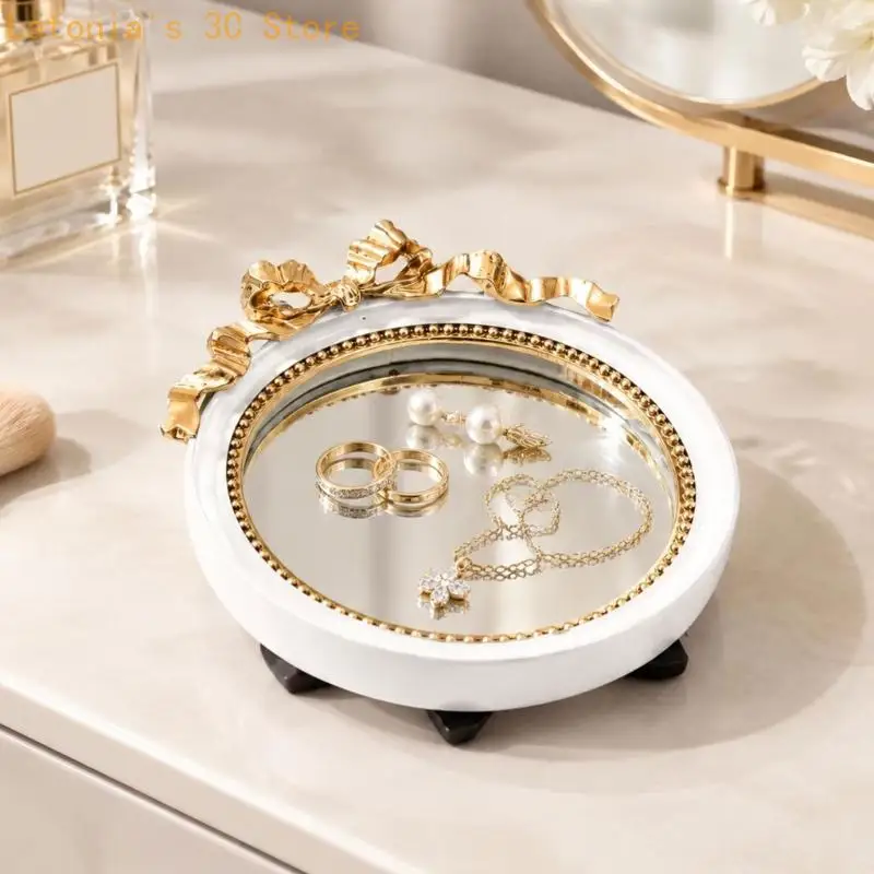Reflective Tabletop Tray with Mirrored Base & Bows Detail for Accessory Display X3UB