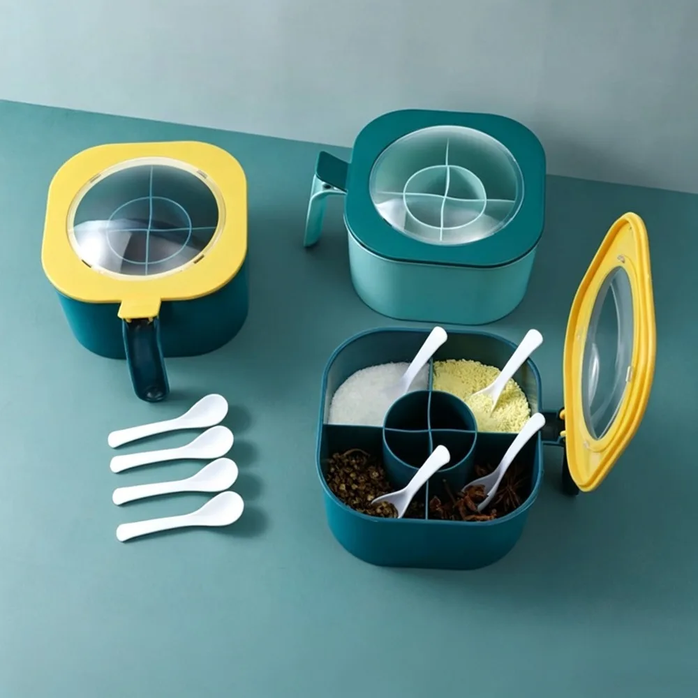 Caja de Condimentos para Cocina con Cucharas, Juego de Recipientes para Especias de 4 Compartimentos, Tarro de Almacenamiento para Sal, Azúcar y Pimienta con Tapa, para Cocina Casera