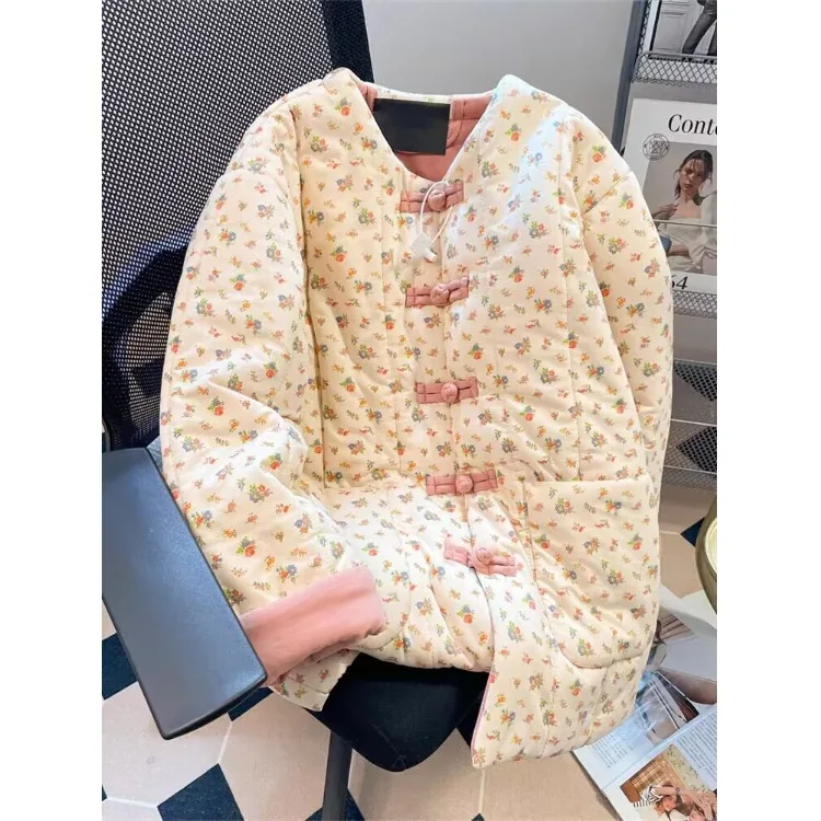 

Retro Chinese Sle Floral Cotton Jaet Women's Thiened Autumn Winter ort Outerwear V-Ne Long Sve Loose Fit Coat