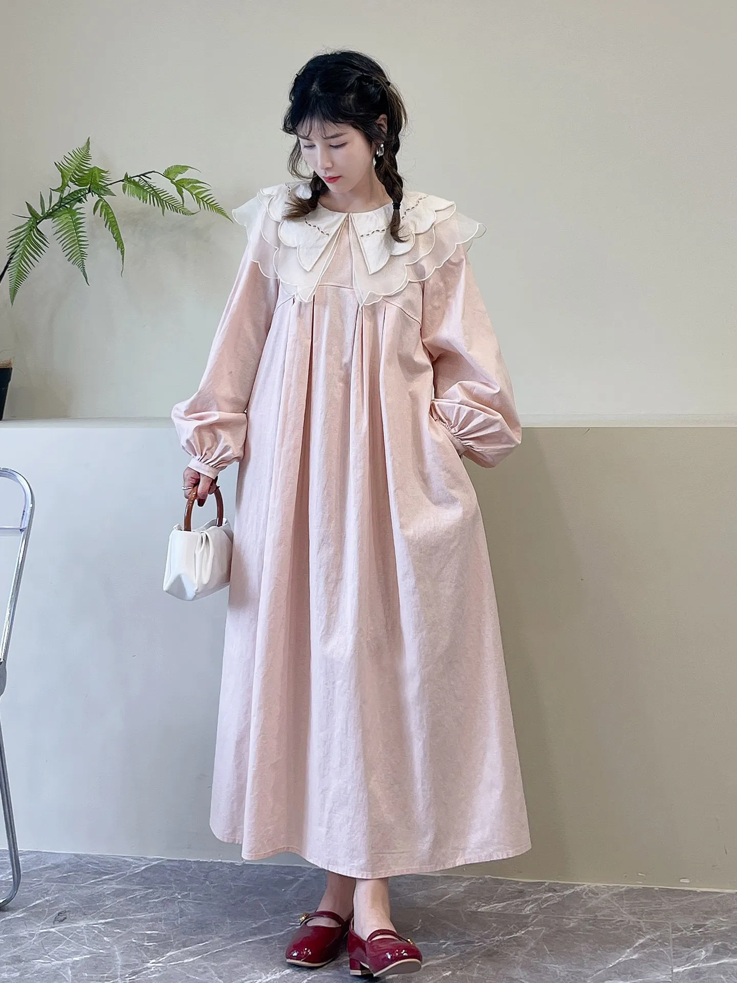 Japanese Sweet Mori Girl Peter Pan Collar Patchwork Long Dress Women Spring Autumn Solid Color Long Sleeve Casual Loose Dresses