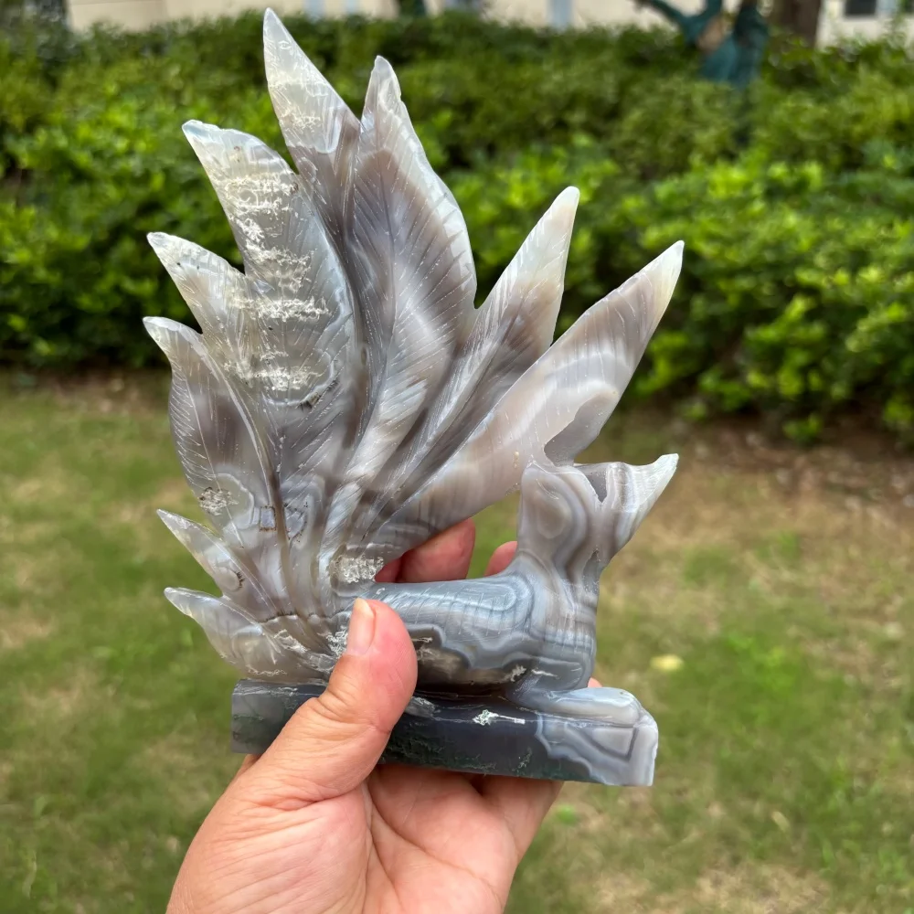 1PCS Natural Agate Geode Nine-Tailed Fox Crystal Carving Feng Shui Healing Lucky Gift Fashion Feng Shui Home Decoration