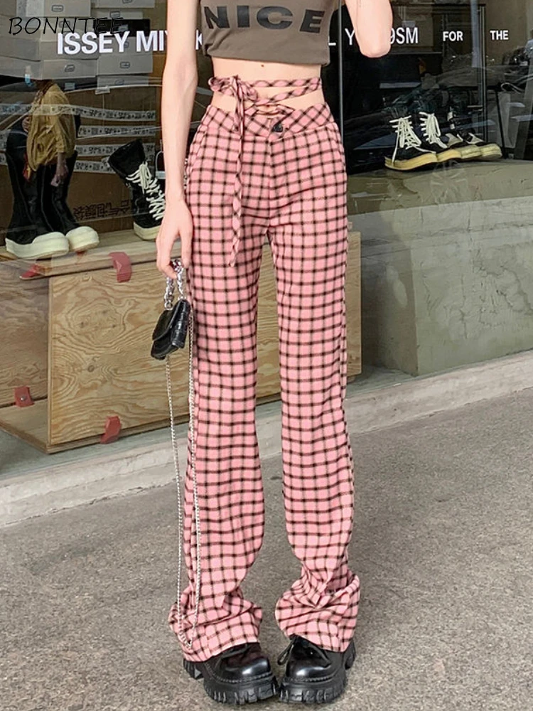 Pants Women Bandage Sexy Sweet Plaid Simple All-match Retro Korean Style Hot Girls Causal Chic Basic Trousers Summer Streetwear