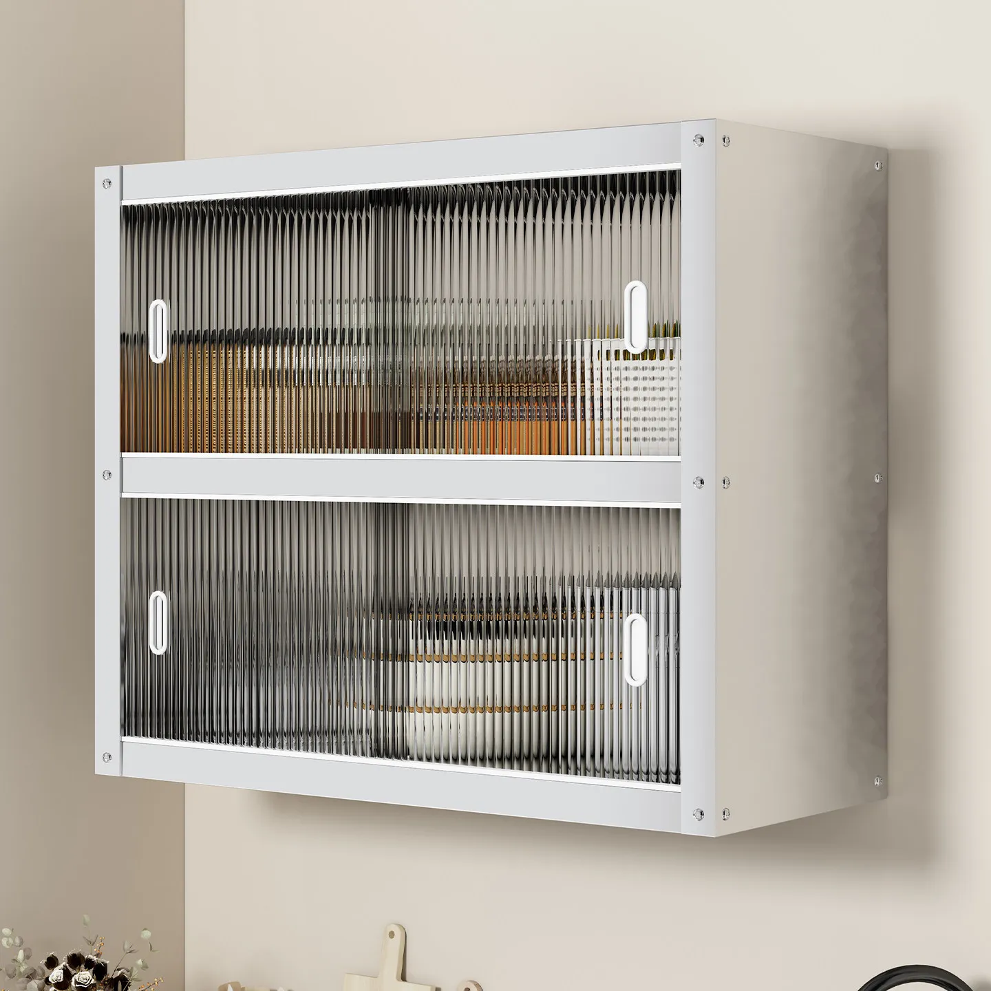 

Stainless Steel Wall Mounted Shelf with Sliding Door Kitchen Storage Cabinet for Dishes